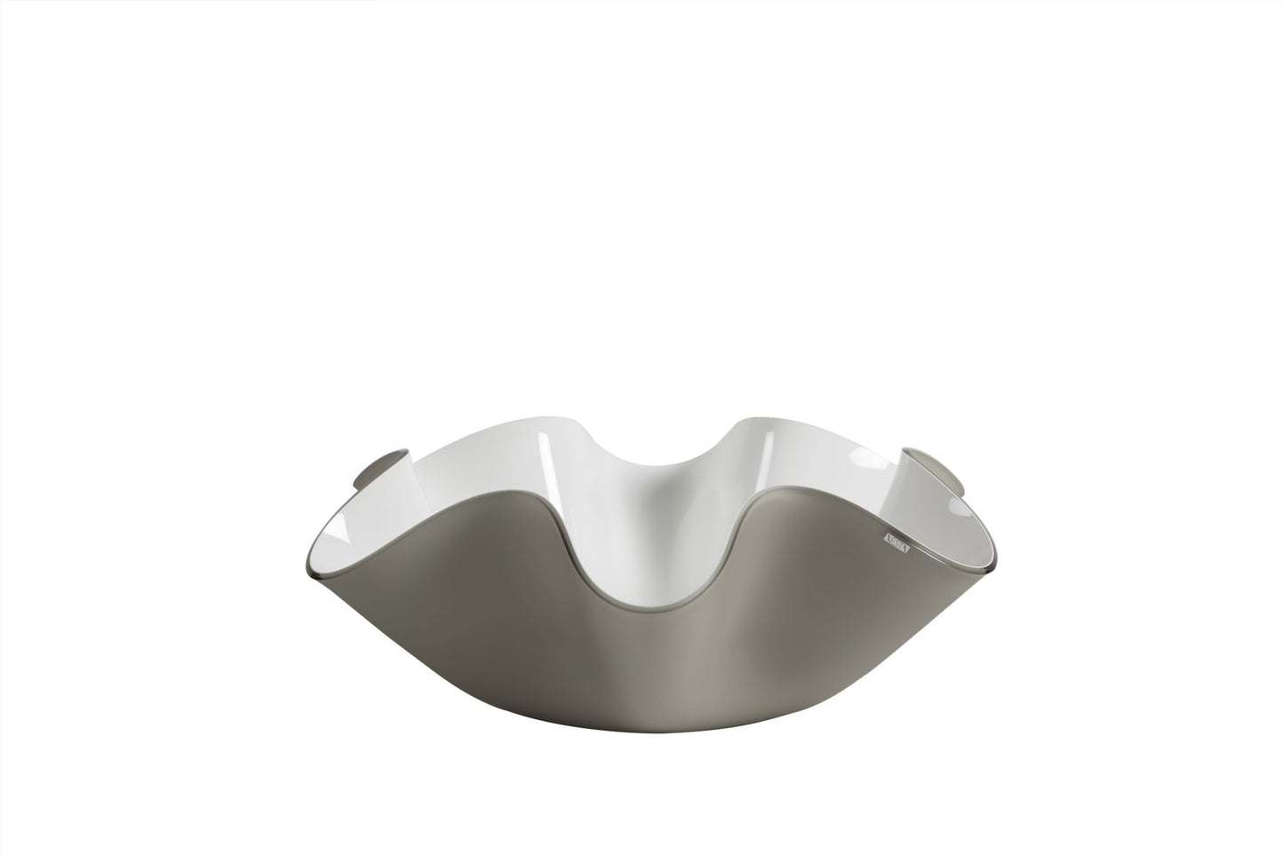 Centrotavola medio in cristallo acrilico tagliato al laser e piegato a mano. Colori: interno bianco, esterno tortora satinato Dimensioni diametro cm 33øx10h. Spessore PMMA mm 5. In negozio e online su tuttochic.it