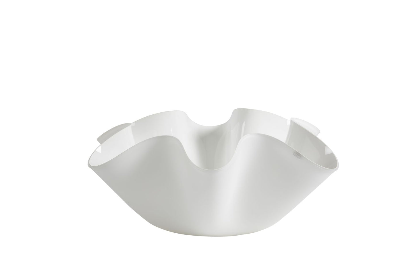 Centrotavola grande in cristallo acrilico tagliato al laser e piegato a mano. Colori: interno bianco, esterno bianco satinato Dimensioni diametro cm 45øx15h. Spessore PMMA mm 5. In negozio e online su tuttochic.it