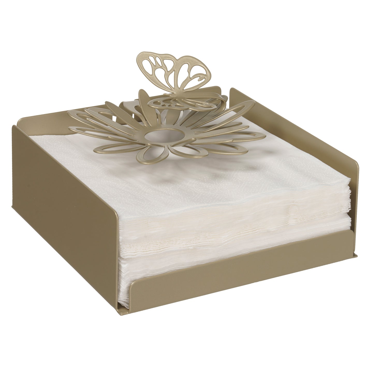 Porta Tovaglioli Margherite realizzato in metallo di colore miele è l’oggetto ideale per donare quel tocco di design alla tua tavola e alle tue feste! I fazzoletti sono tenuti insieme dal classico fiore della Primavera e da una farfalla leggiadra. Dimensioni: cm17 x 17P x 12H. In negozio e online su tuttochic.it