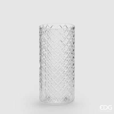 Vaso portafiori in vetro trasparente con decoro rombi. Dimensioni: cm ø 11, h cm 24. In negozio e online su tuttochic.it
