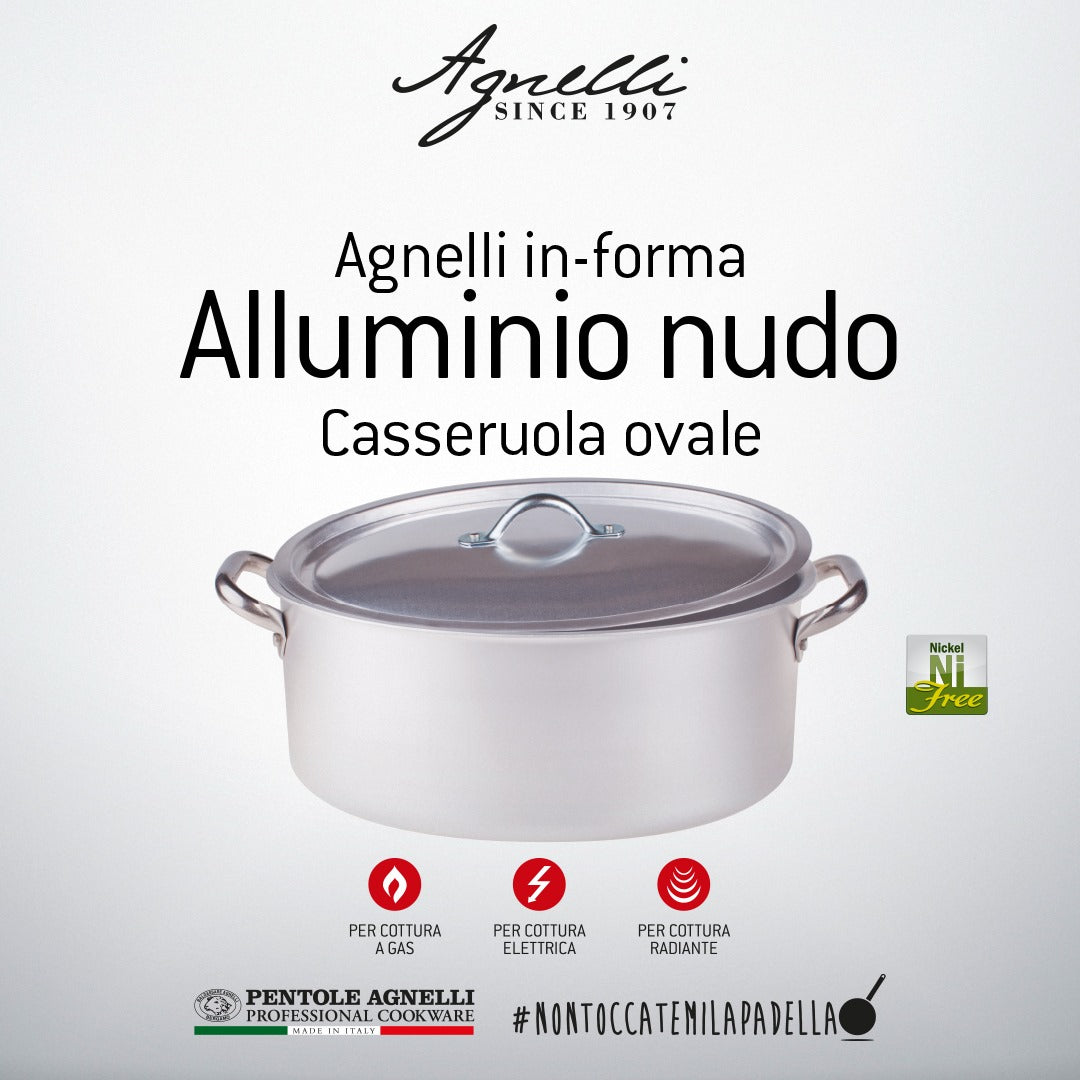 Casseruola ovale 32 cm in alluminio da 3 mm con 2 maniglie inox e coperchio. Indicata per i volatili da cucinare interi, sia su piano di cottura sia in forno. In molte tradizioni gastronomiche è presentata in tavola e il padrone di casa ne dispensa le porzioni. Nichel free. In negozio e online su tuttochic.it