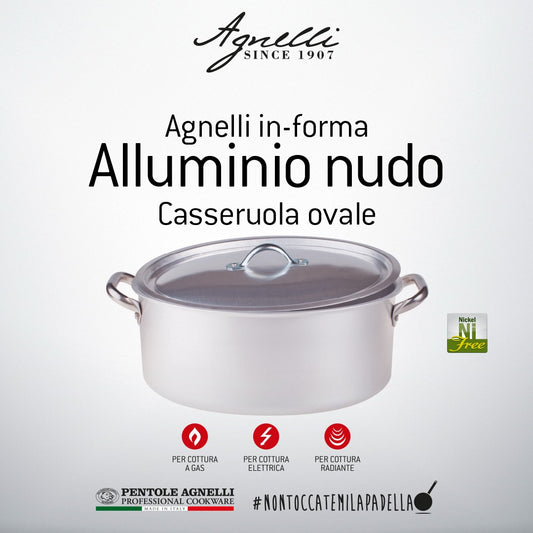 Casseruola ovale 32 cm in alluminio da 3 mm con 2 maniglie inox e coperchio. Indicata per i volatili da cucinare interi, sia su piano di cottura sia in forno. In molte tradizioni gastronomiche è presentata in tavola e il padrone di casa ne dispensa le porzioni. Nichel free. In negozio e online su tuttochic.it