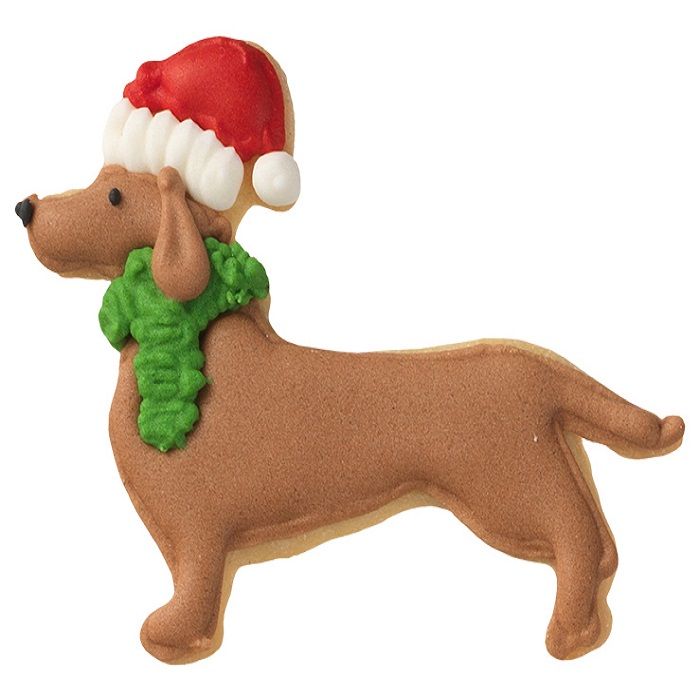 Tagliabiscotti Bassotto di Natale, con goffratura interna, in acciaio inox 7 cm, lavabile in lavastoviglie. Hai mai decorato il tuo albero di Natale con i tagliabiscotti? No? È giunto il momento! Attacca un nastro decorativo al tagliabiscotti e appendi le forme all'albero. In negozio e online su tuttochic.it
