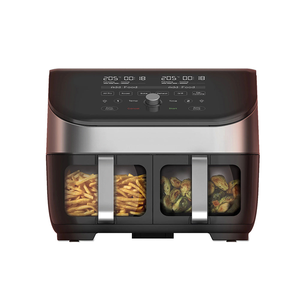 Friggitrice ad aria multifunzione con due cestelli in grado di: friggere, cuocere, arrostire, riscaldare, disidratare e grigliare. Uno strumento versatile per una cucina sana, con poche calorie e con il 95% di olio in meno. Cucina fino a 8 porzioni è perfetta per famiglie numerose. In negozio e online su tuttochic.it