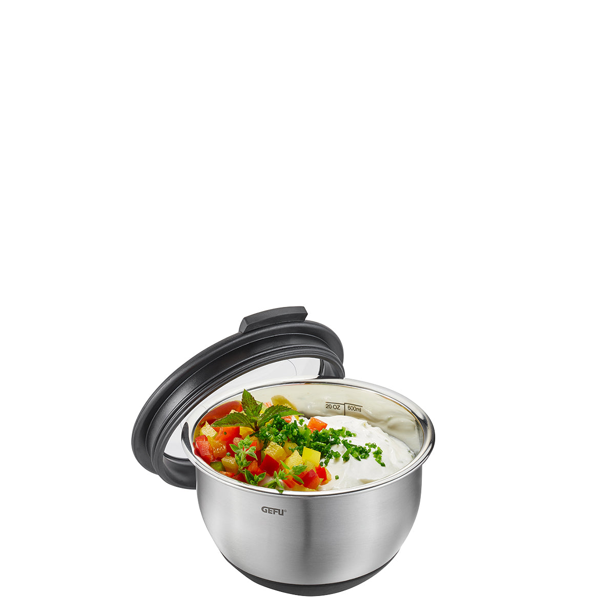 Ciotola in acciaio inox per preparare, servire e conservare con coperchio a tenuta d'aria. Dettagli:Volume di riempimento: 600 ml, supporto antiscivolo grazie alla base in silicone dimensioni Ø 14,5 cm, H 8,6 cm acciaio inossidabile/plastica di alta qualità lavabile in lavastoviglie. In negozio e online su tuttochic.it