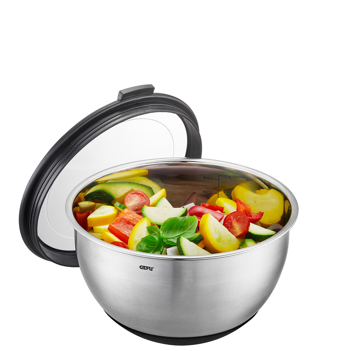 Ciotola in acciaio inox per preparare, servire e conservare con coperchio a tenuta d'aria. Dettagli: Volume di riempimento: 2,5, supporto antiscivolo grazie alla base in silicone dimensioni Ø 23,0 cm, H 13,2 cm acciaio inossidabile /plastica di alta qualità lavabile in lavastoviglie. In negozio e online su tuttochic.it
