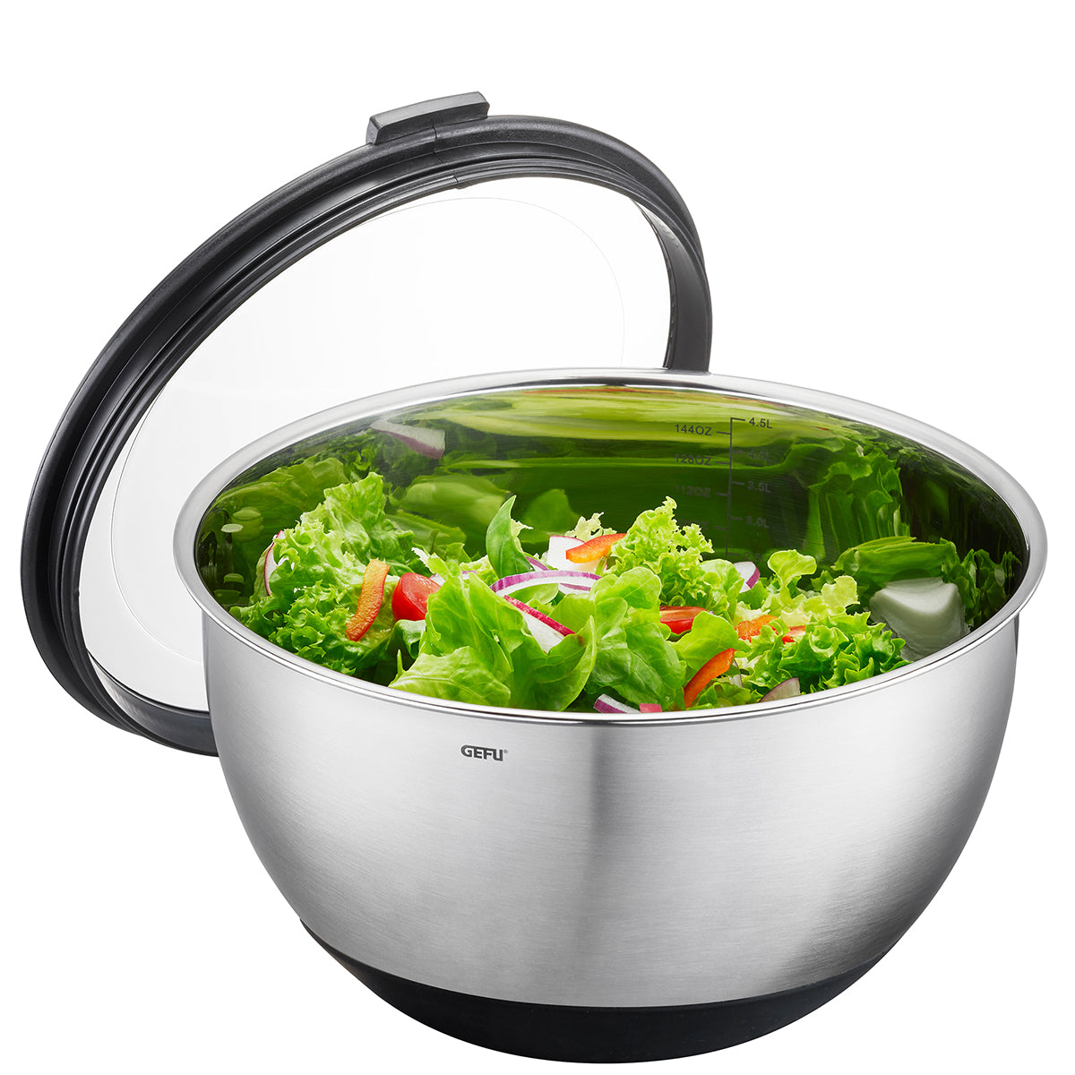 Ciotola in acciaio inox per preparare, servire e conservare con coperchio a tenuta d'aria. Volume di riempimento: 4,5, supporto antiscivolo grazie alla base in silicone dimensioni Ø 27,0 cm, H 15,0 cm acciaio inossidabile / plastica di alta qualità lavabile in lavastoviglie. In negozio e online su tuttochic.it