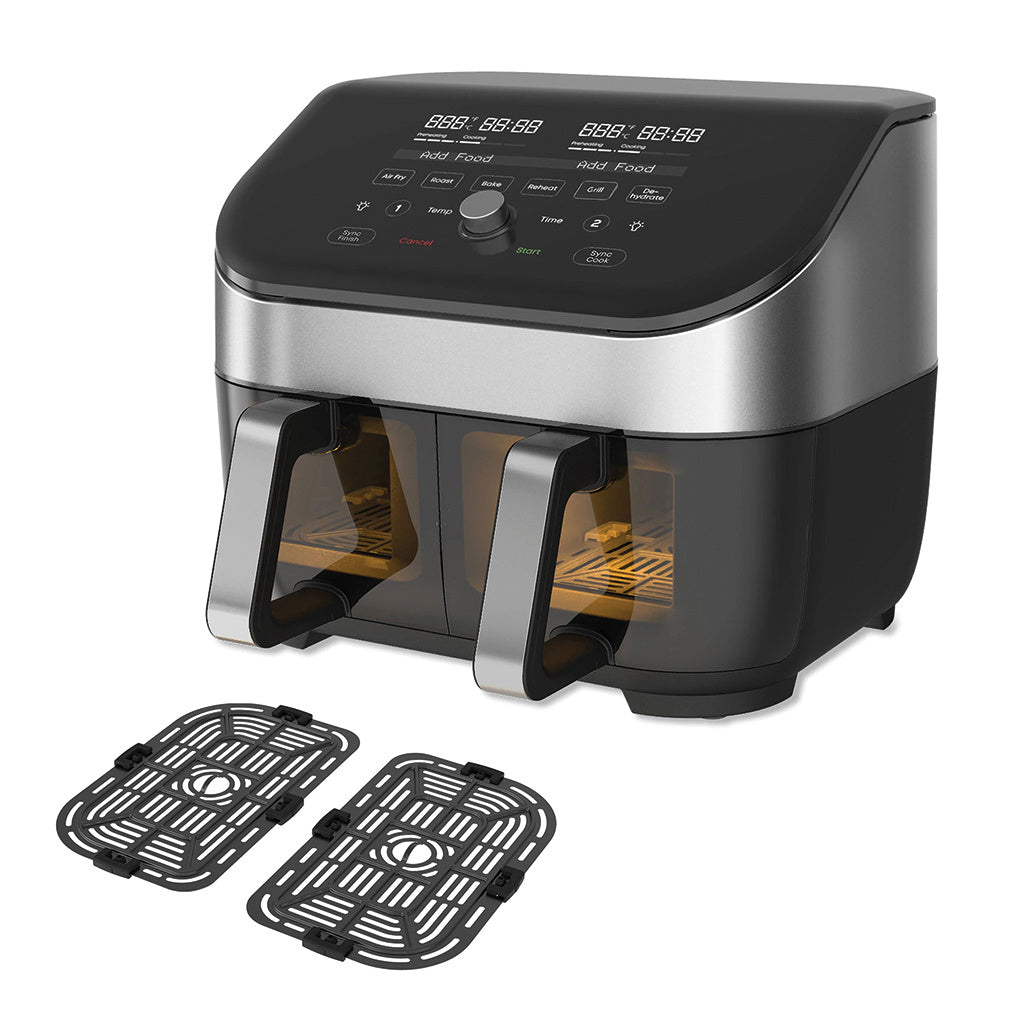 Friggitrice ad aria multifunzione con due cestelli in grado di: friggere, cuocere, arrostire, riscaldare, disidratare e grigliare. Uno strumento versatile per una cucina sana, con poche calorie e con il 95% di olio in meno. Cucina fino a 8 porzioni è perfetta per famiglie numerose. In negozio e online su tuttochic.it
