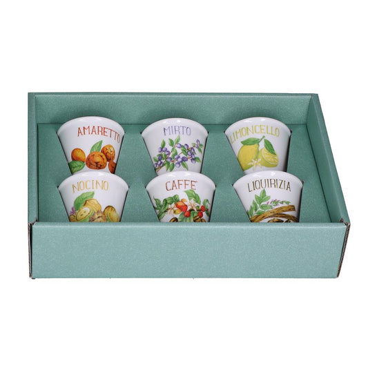 Set di 6 bicchierini per liquori in porcellana decorata. Capacità: 75 cc