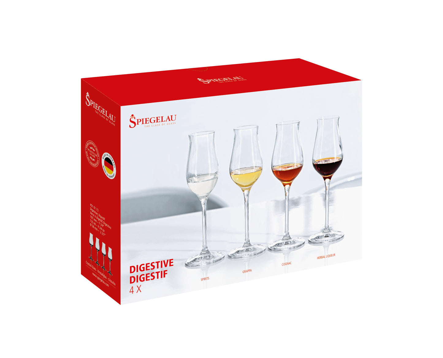 Set di 4 calici per digestivi (Spirits, Grappa, Cognac, Herbal Liqueur) in vetro cristallino. Dimensioni: mm 58 x 197 h - Capacità: 135 ml Lavabile in lavastoviglie. In negozio e online su tuttochic.it