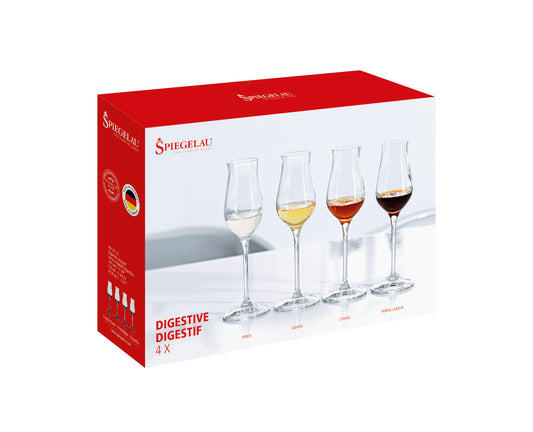 Set di 4 calici per digestivi (Spirits, Grappa, Cognac, Herbal Liqueur) in vetro cristallino. Dimensioni: mm 58 x 197 h - Capacità: 135 ml Lavabile in lavastoviglie. In negozio e online su tuttochic.it