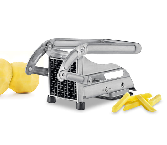 Tagliapatate a bastoncino in acciaio inossidabile resistente alla ruggine è robusto e sta saldamente su piedini antiscivolo. Taglia in un solo movimento, spingendo il manico in giù 2 misure di taglio: 8 mm e 11 mm. Dimensioni: 26 x 10 x 12 cm. in negozio e online su tuttochic.it