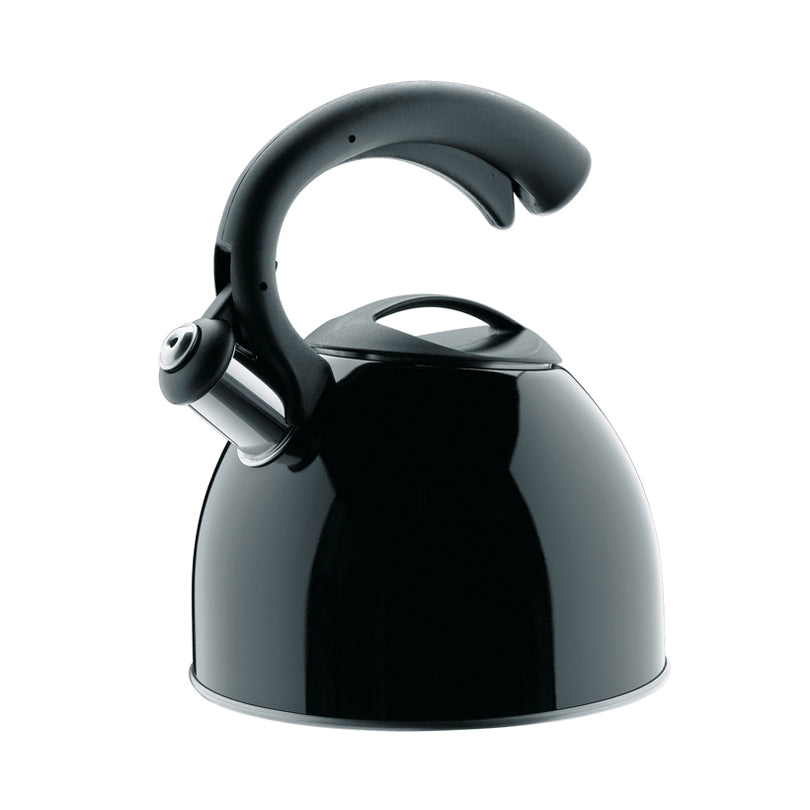 Bollitore in acciaio di colore nero con fondo adatto anche per piani cottura ad induzione (dipende dal diametro minimo del piano cottura). Con manico termoisolante e fischio armonioso. Capacità massima per fare bollire l'acqua: 1,8 lt. Dimensioni cm 19,5 x 25. In negozio e online su tuttochic.it