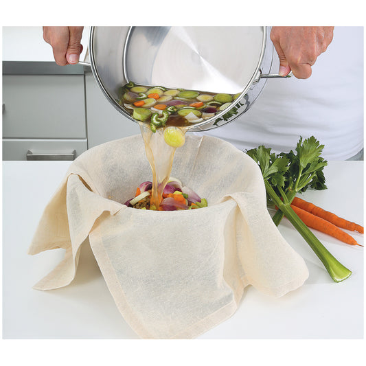 Il canovaccio filtrante KÜCHENPROFI, realizzato in cotone naturale, è un'aiutante indispensabile in cucina. Permette di chiarificare il brodo, di estrarre succhi o di preparare il latte vegano o formaggio fatto in casa. A prova di strappo e riutilizzabile. Lavabile a 60°C. In negozio e online su tuttochic.it