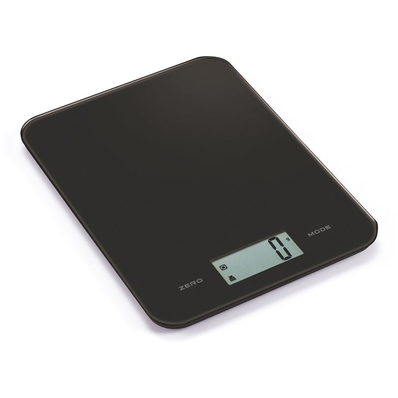 Bilancia da cucina digitale in vetro di colore nero. Caratteristiche: digitale, capacità massima consentita 8 kg, divisione 1 g, dimensioni display: 5,8 x 2,7 cm, Alimentazione: 1x CR2032 pila a bottone al litio, inclusa nella confezione. In negozio e online su tuttochic.it