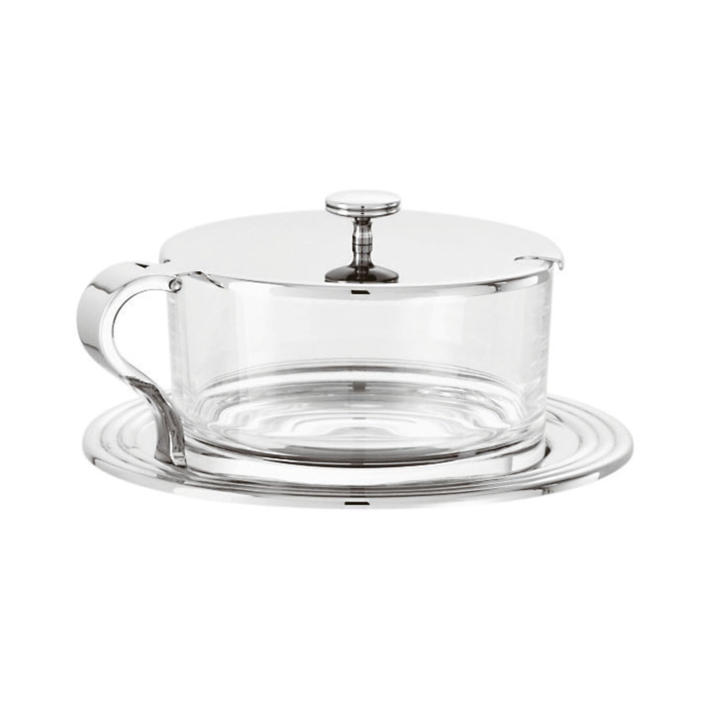 Formaggiera tonda con coperchio in acciaio argentato e cristallo della collezione Avenue di Sambonet. Provvedere ad una lucidatura con l’ausilio di specifici prodotti per l'argento. Dimensioni: Altezza: 6,5 cm Diametro: 12,60 cm Peso dell'articolo: 400 gr. In negozio e online su tuttochic.it