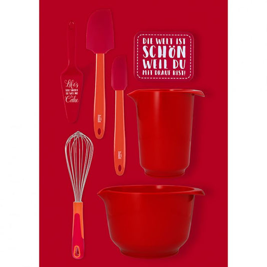 Ciotola per mescolare e servire: capacità 1 litri, Ø: 18,2 cm, altezza: 10,7 cm, in resina melamminica rossa senza BPA, durevole e antigraffio, sostenibile, stabile grazie alla base antiscivolo, maneggevolezza grazie al gocciolatoio-beccuccio e presa sicura, piacevole al tatto. In negozio e online su tuttochic.it