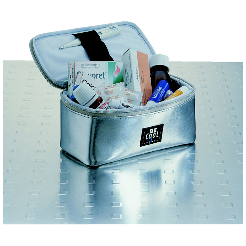 La borsa cosmetici/medicinali termica di BE CooL protegge i vostri prodotti da calore. Realizzata in PVC e con materiale isolante-EPE di alta qualità. La borsa per cosmetici/medicinali è durevole, resistente allo strappo e facile da maneggiare e da pulire. Capacità 1,5 litri, colore argento Dimensioni: cm 20 x 10 x 9,5
