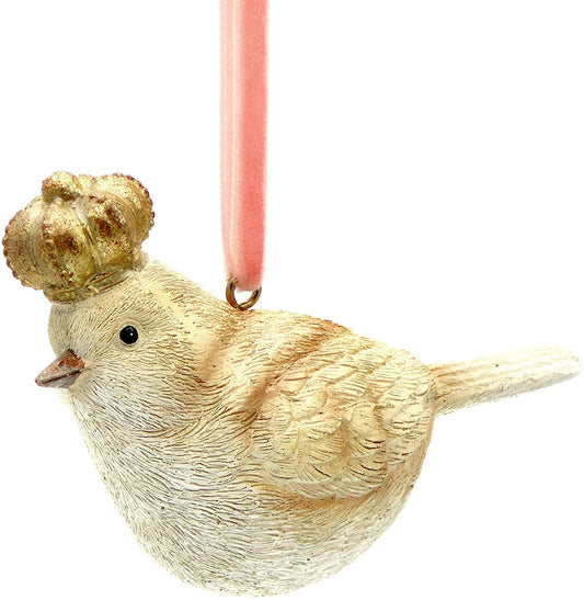 Decoro natalizio passero in resina con corona oro 2 modelli assortiti. Dimensioni: cm 11 x 8 h