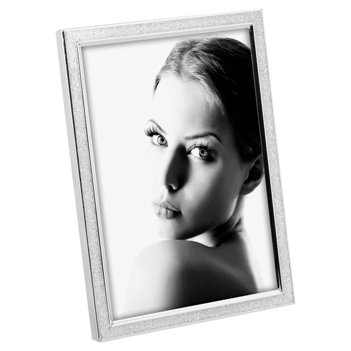 Portaritratti in metallo, finitura lucida, decorato con smalto glitterato. Orientabile in senso orizzontale e verticale. Schienale velluto.