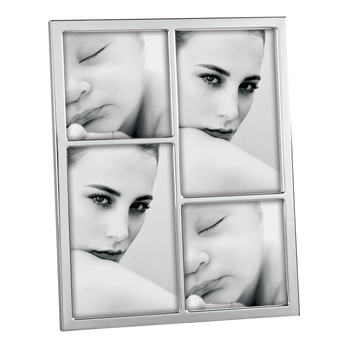 Portaritratti in metallo stampato, finitura lucida, adatto a contenere 2 foto 10x10 e 2 foto 10x15. Schienale velluto. Sia da appoggio che da parete. Dimensione esterna: 20x25,5 cm. In negozio e online su tuttochic.it