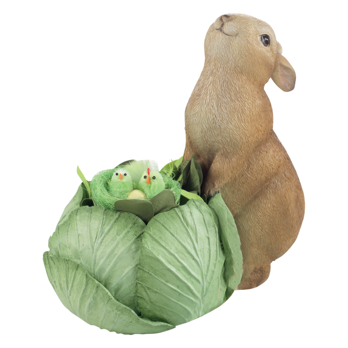 Coniglietto con vaso contenitore a forma di cavolo in resina decorata. (pulcini non inclusi) Dimensioni: cm 27,5 x 16 x 25 h.