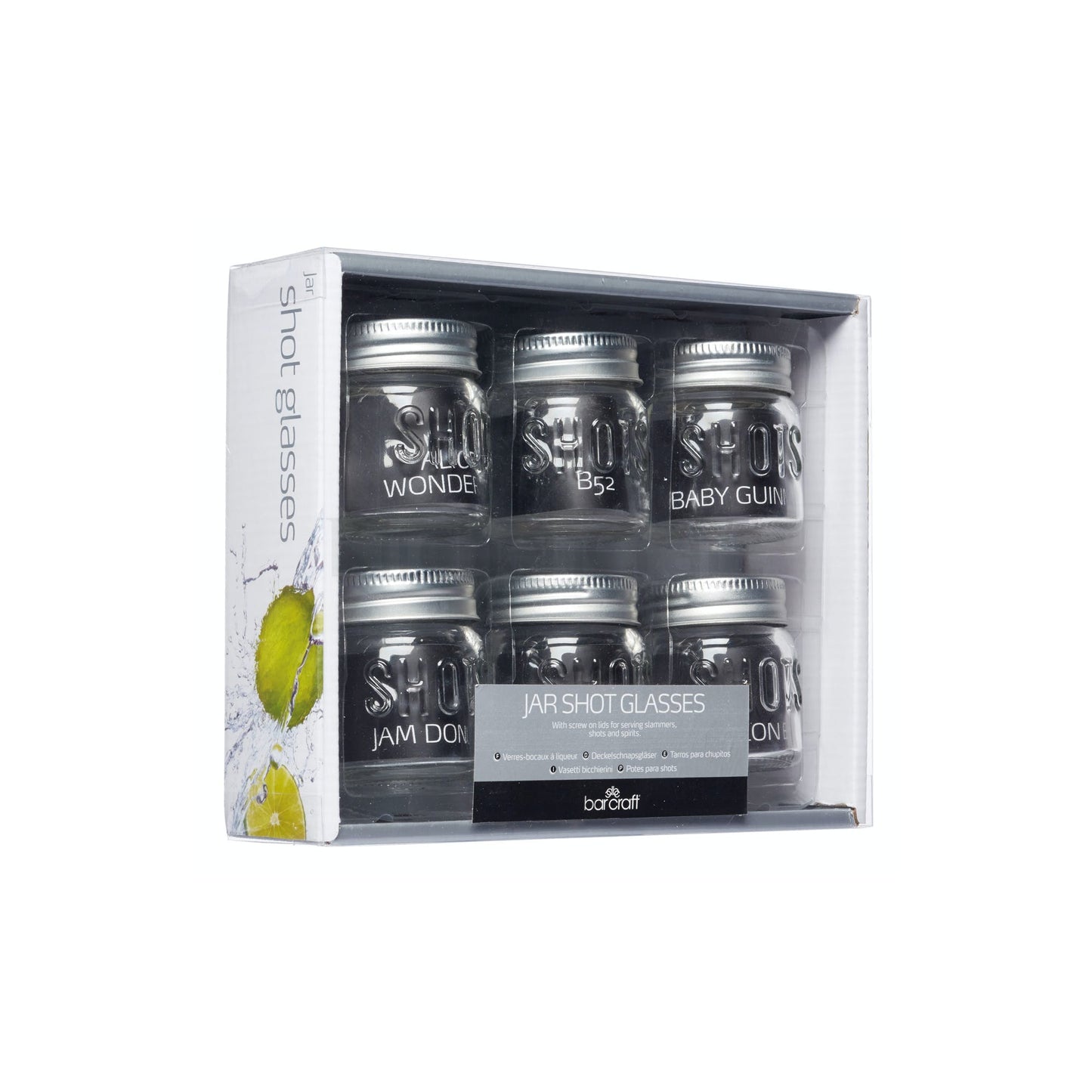 Set di sei barattoli in vetro trasparente da 60 ml. Perfetto per l'uso alle feste, il design tradizionale e i coperchi a vite argentati sono un modo sicuro per stupire i tuoi amici e la tua famiglia. Il modo perfetto per servire i tuoi liquori preferiti.