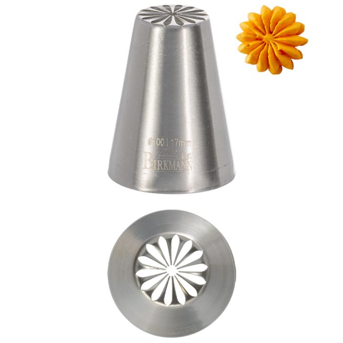 Bocchetta N. 100 di design per sac a poche realizzato in un unico pezzo in acciaio inox, ideale per creare decorazioni artistiche su cupcake, crostate e pasticcini. Dimensioni: 3,0 x 3,0 x 4,1 cm, foro di uscita Ø 17 mm. In negozio e online su tuttochic.it