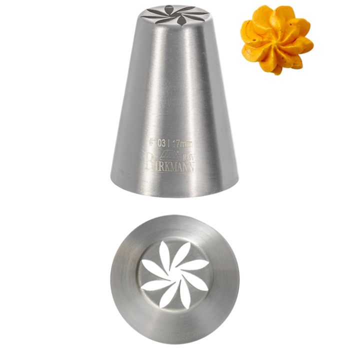 Bocchetta N. 103 di design per sac a poche realizzato in un unico pezzo in acciaio inox, ideale per creare decorazioni artistiche su cupcake, crostate e pasticcini. Dimensioni: 3,0 x 3,0 x 4,1 cm, foro di uscita Ø 17 mm. In negozio e online su tuttochic.it