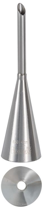 Bocchetta N. 50 a riempimento per sac a poche, ideale per Bigne e tutti i dolci da riempire, realizzato in un unico pezzo in acciaio inox, ideale per creare decorazioni artistiche su cupcake, crostate e pasticcini. Dimensioni: 2,4 x 2,4 x 9,0 foro di uscita Ø 4 mm. In negozio e online su tuttochic.it