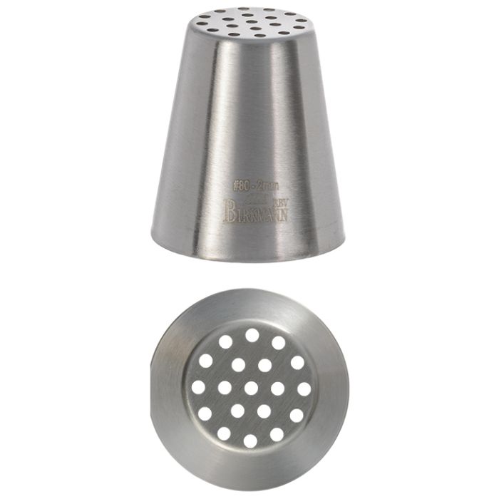Bocchetta N. 80 a spaghetti per sac a poche realizzato in un unico pezzo in acciaio inox, ideale per creare decorazioni artistiche su cupcake, crostate e pasticcini. Dimensioni: 1,8 x1,8 x 2,1 cm, foro di uscita Ø 2 mm. In negozio e online su tuttochic.it
