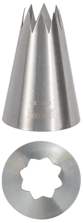 Bocchetta N. 18 a stella per sac a poche realizzato in un unico pezzo in acciaio inox, ideale per creare decorazioni artistiche su cupcake, crostate e pasticcini. Dimensioni: 3,0 x 3,0 x 5,0 cm, Ø 15 mm. In negozio e online su tuttochic.it