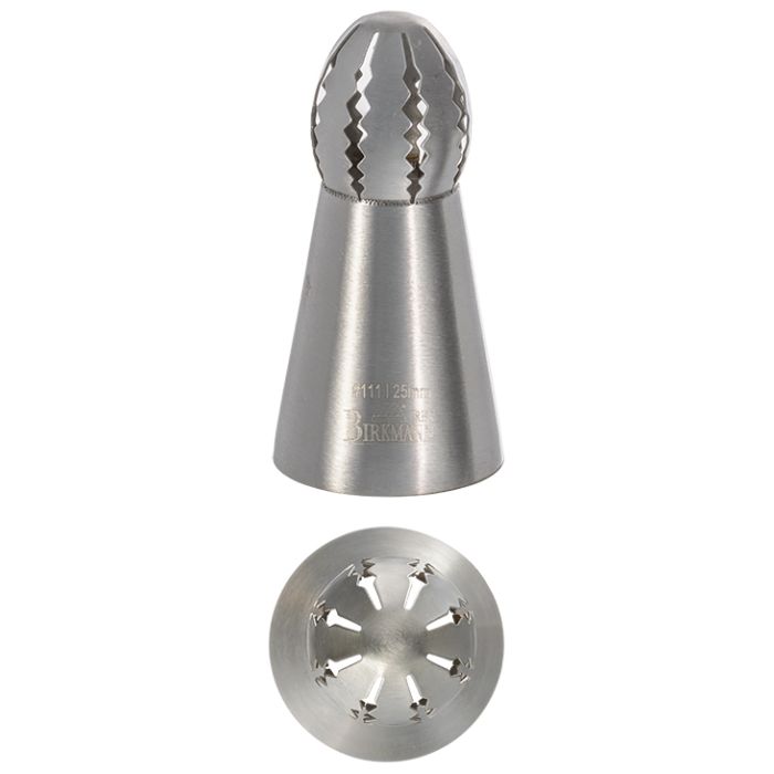 Bocchetta N. 111 con ghirigori liscia per sac a poche realizzato in un unico pezzo in acciaio inox, ideale per creare decorazioni artistiche su cupcake, crostate e pasticcini. Dimensioni: 3,0 x 3,0 x 6,1 cm, foro di uscita Ø 25 mm. In negozio e online su tuttochic.it