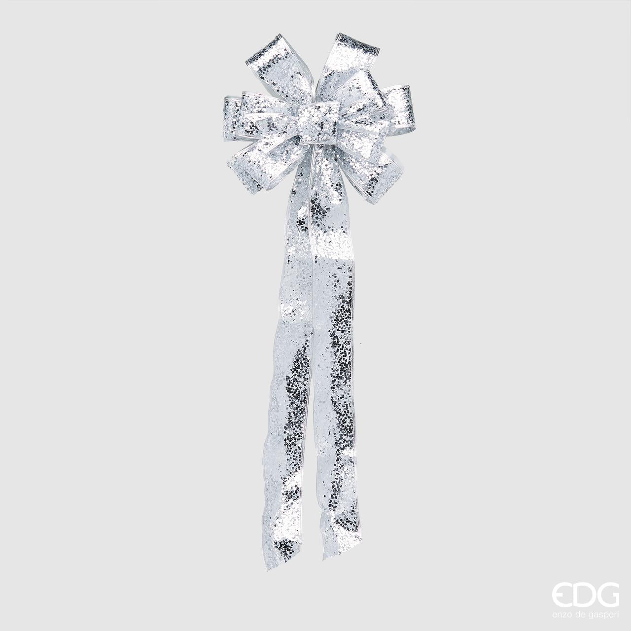 Fiocco coccarda glitter argento. Dimensione: cm 78 x 28