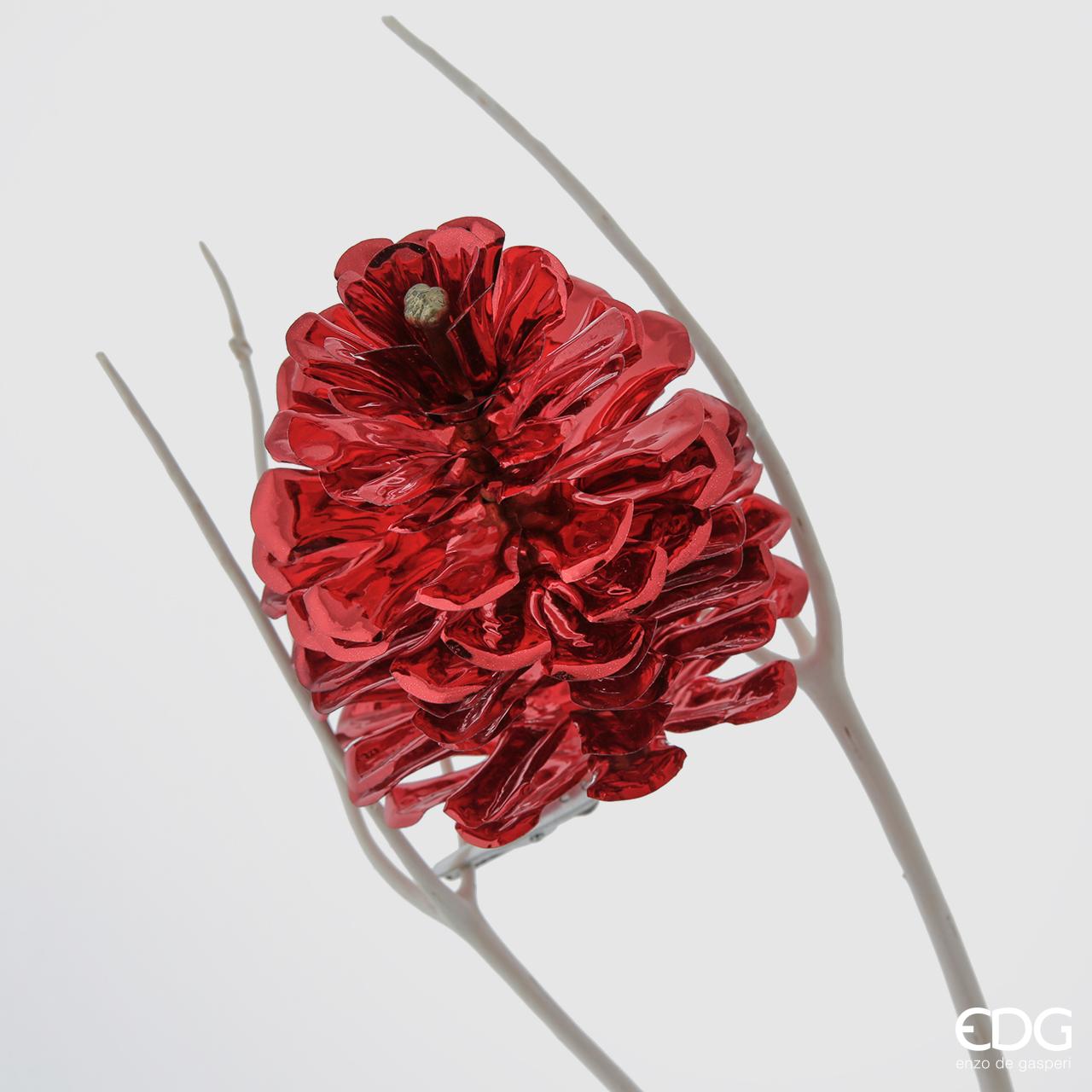 Decorazione per albero di Natale o rami. Pigna in PVC di colore rosso metal cm 14 con clip.