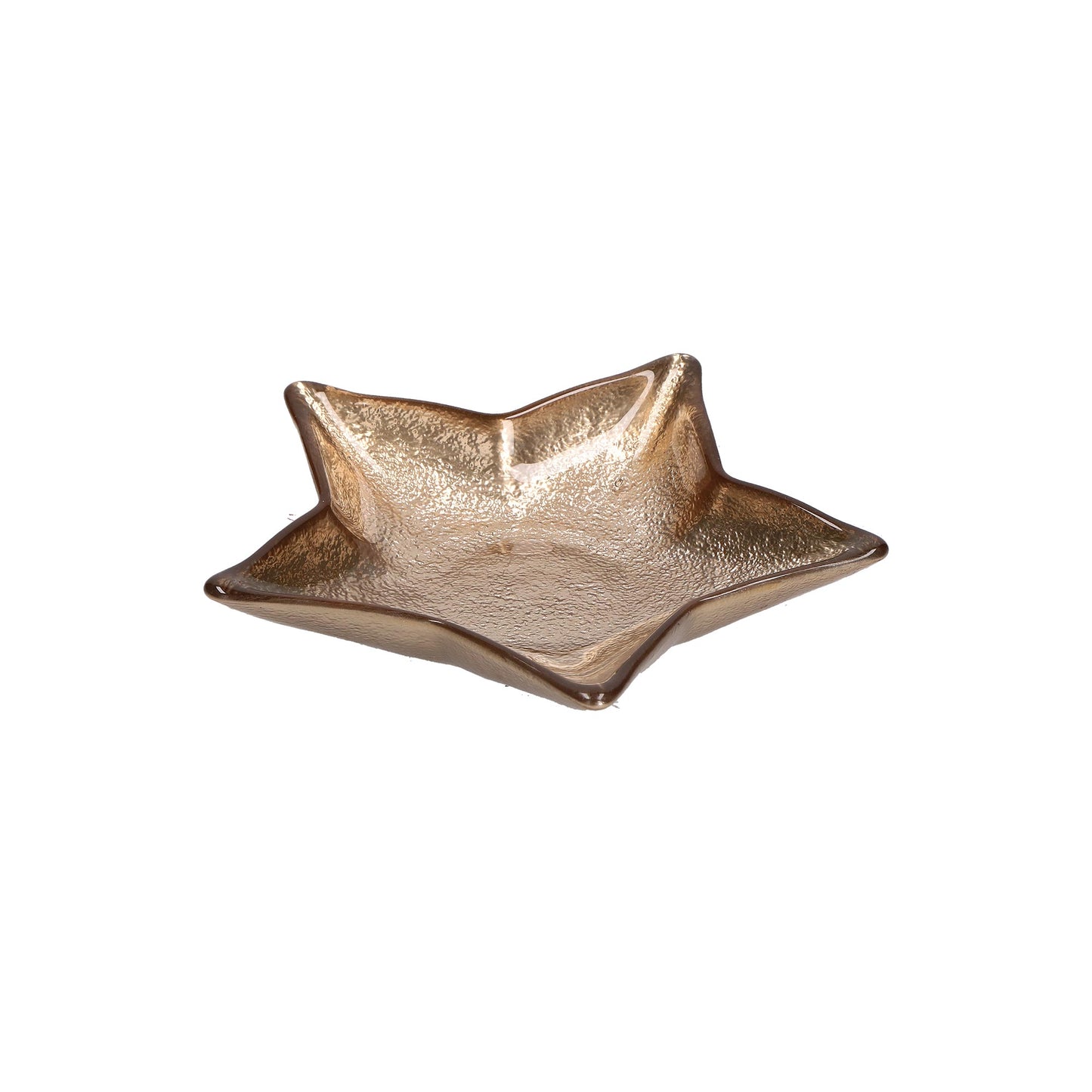 Piattino in vetro di colore oro a forma di stella. Dimensioni: Ø 16 cm. In negozio e online su tuttochic.it
