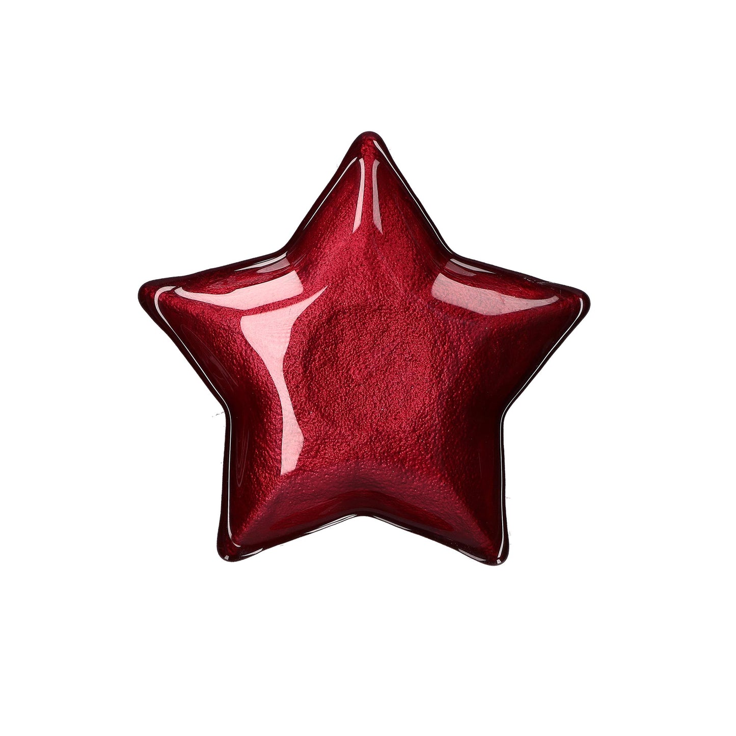 Piattino in vetro di colore rosso a forma di stella. Dimensioni: Ø 16 cm. In negozio e online su tuttochic.it