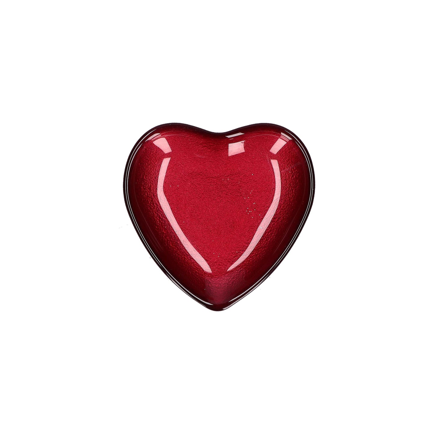 Piattino in vetro di colore rosso a forma di cuore. Dimensioni: Ø 14 cm. In negozio e online su tuttochic.it