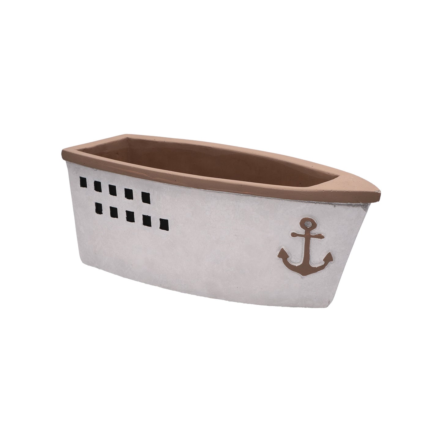 Cachepot a forma di barca in resina cementizia decorata. Dimensioni: cm 30 x 12.5 x 11 h. In negozio e online su tuttochic.it