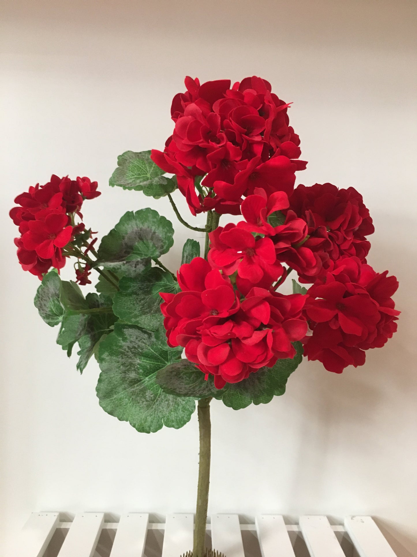 Cespuglio geranio artificiale di colore rosso. Fiori e foglie in tessuto vellutato, ramo in plastica. Dimensioni: altezza cm. 46. In negozio e online su tuttochic.it