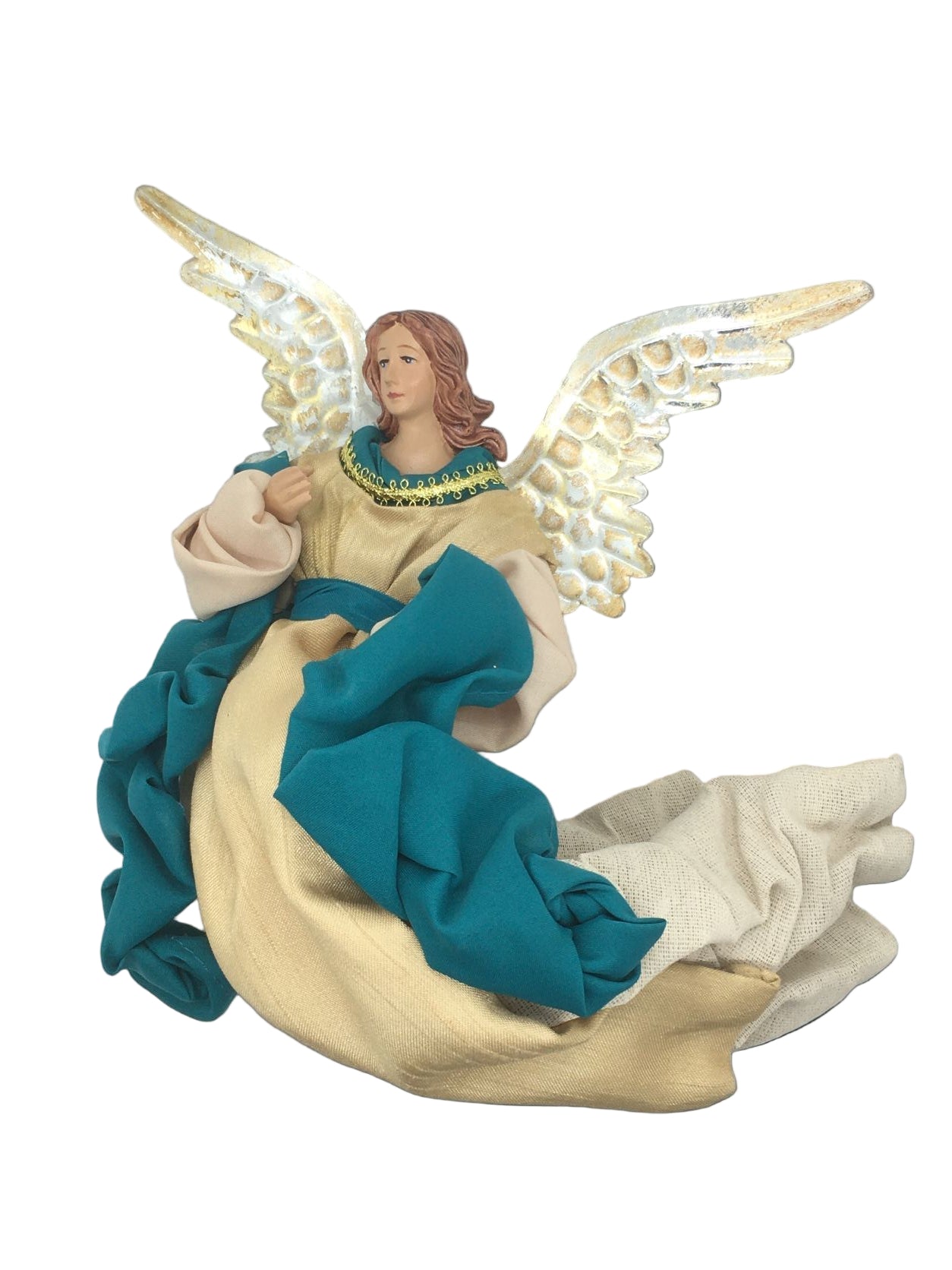 Angelo da appendere con vestito in tessuto, ali in metallo e testa in resina dipinta a mano. Dimensioni: larghezza cm 18, altezza cm 23, profondità cm 9. In negozio e online su tuttochic.it