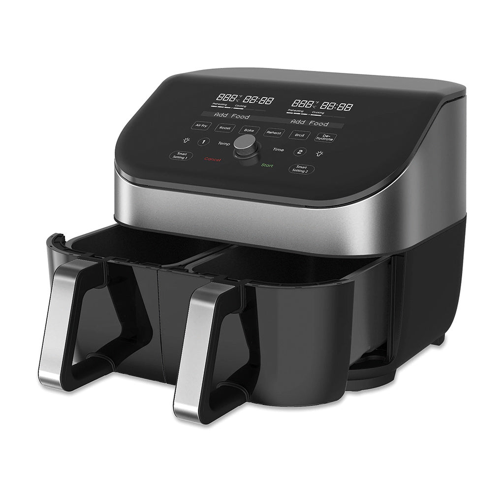Friggitrice ad aria multifunzione con due cestelli in grado di: friggere, cuocere, arrostire, riscaldare, disidratare e grigliare. Uno strumento versatile per una cucina sana, con poche calorie e con il 95% di olio in meno. Cucina fino a 8 porzioni è perfetta per famiglie numerose. In negozio e online su tuttochic.it