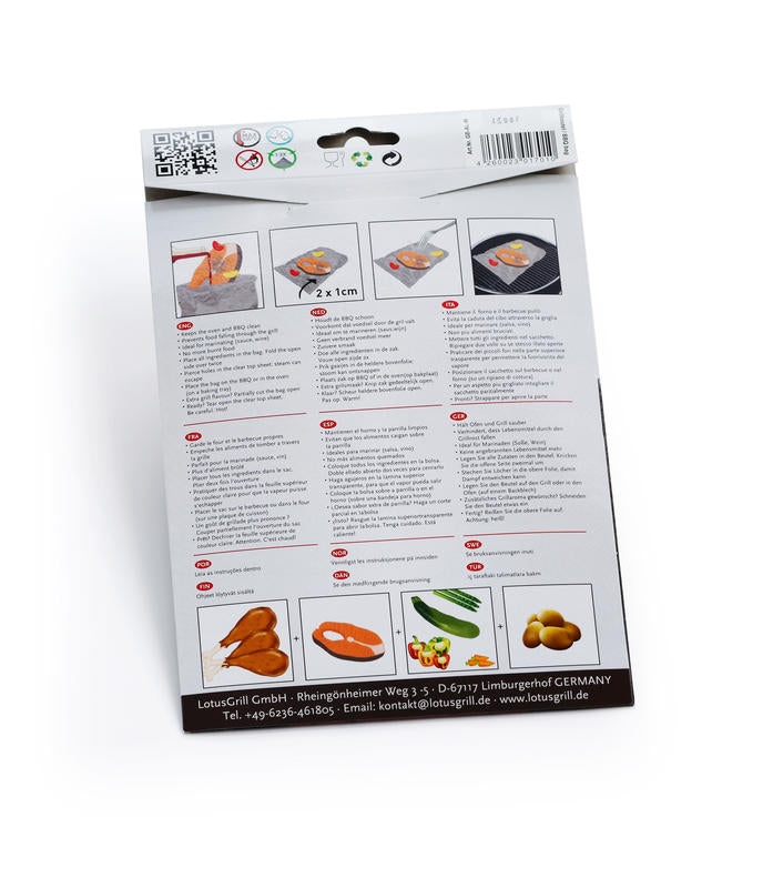 Confezione da 8 sacchetti per barbecue o forno. Utile per mantenere la griglia sempre pulita e non bruciare gli alimenti. Ideale anche per le marinature. Evita la caduta del cibo attraverso la griglia Mettere glia alimenti nel sacchetto. Ripiegare due volte su se stesso... In negozio e online su tuttochic.it
