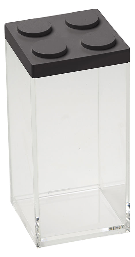 Barattolo contenitore ermetico in acrilico trasparente con coperchio in stile Lego, assemblabili e modulabili. Utilizzabili non solo in cucina, lavabili in lavastoviglie, idonei al contatto alimentare. Dimensione: cm.10 x 10 x h 20,5. Capacità: lt.1,5 Colore: nero Made in Italy