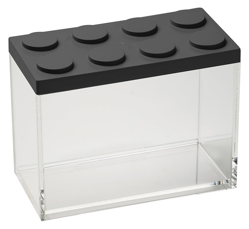 Barattolo contenitore ermetico in acrilico trasparente con coperchio in stile Lego, assemblabili e modulabili. Utilizzabili non solo in cucina, lavabili in lavastoviglie, idonei al contatto alimentare. Dimensione: cm.10 x 20 x h 15,5 Capacità: lt. 2 Colore: nero Made in Italy