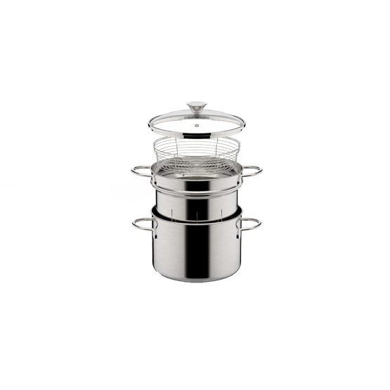 Il set Pasta e Vapore è composto da corpo in acciaio inox, robusto e duraturo; cestello vapore graduato con tagli a laser e cestello a filo, adatto alla cottura a vapore; coperchio in vetro Diametro cm 22 Fonti di calore Lavabile in Lavastoviglie. In negozio e online su tuttochic.it