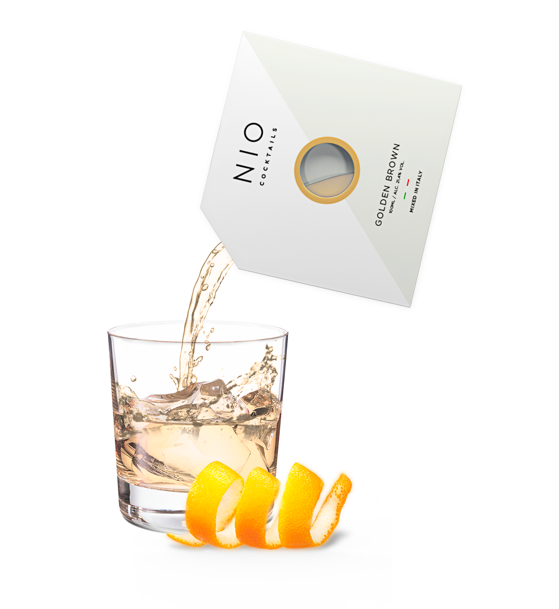 Cocktail Golden Brown Una bevanda da sera elegante e aromatica ricca di bourbon Bulleit, caffè e vaniglia. I cocktail NIO sono creati su ricetta di Patrick Pistolesi, miscelati artigianalmente in Italia con i migliori spirit e confezionati in packaging di design 100% riciclabile. In negozio e online su tuttochic.it