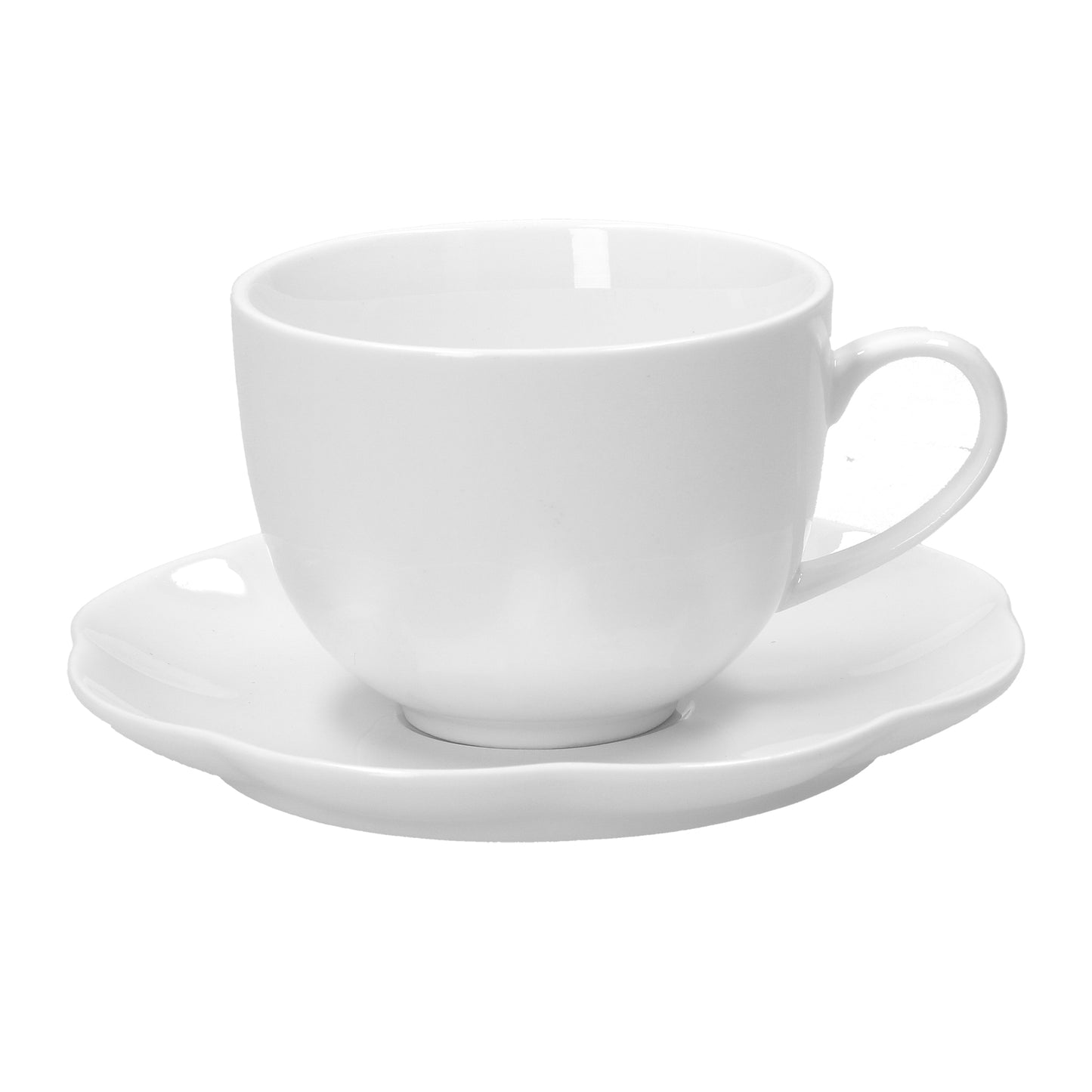 Tazza colazione con piattino in porcellana bianca. Dimensioni: 450 cc; Ø 11; h7 cm Lavabile in lavastoviglie Utilizzabile in microonde Utilizzabile in forno tradizionale. In negozio e online su tuttochic.it