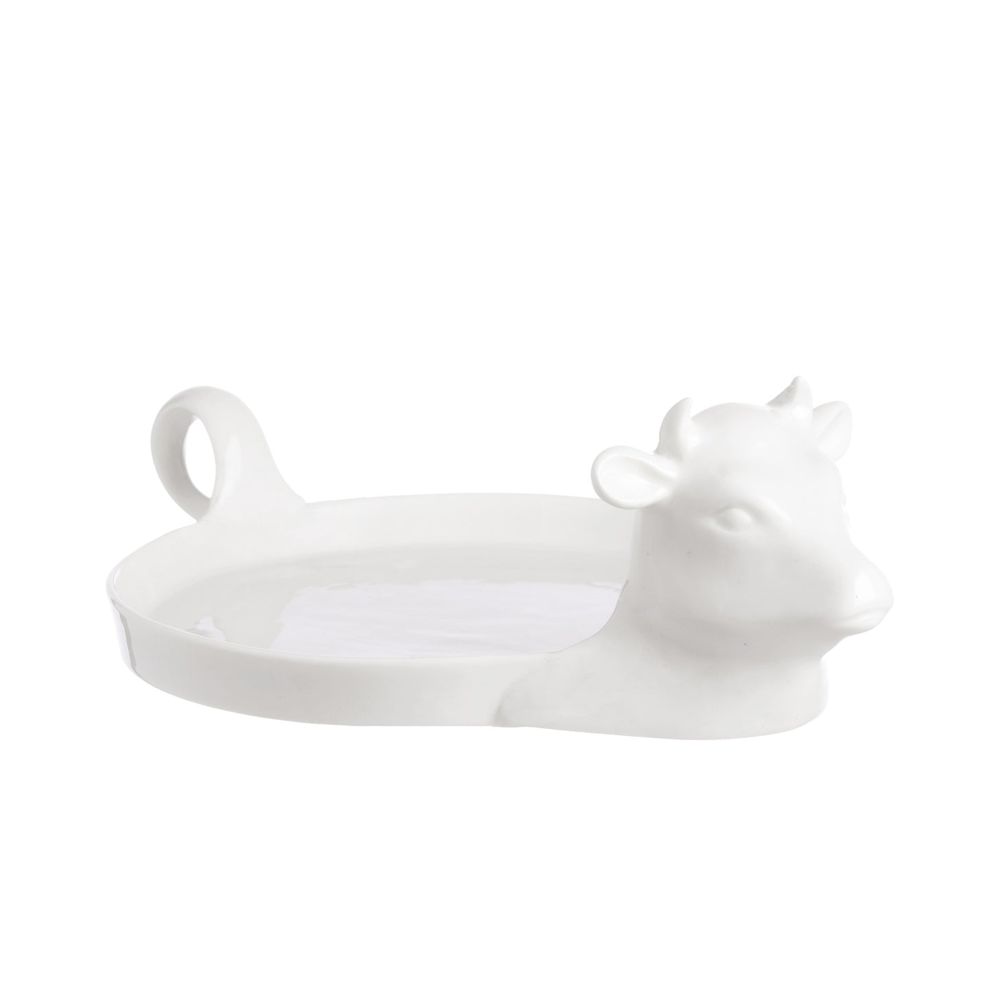 Vassoio Mucca per servire formaggi o burro in porcellana bianca. Dimensioni: 25 x h 9 cm, Ø 16 Lavabile in lavastoviglie Utilizzabile in microonde Utilizzabile in forno tradizionale. In negozio e online su tuttochic.it