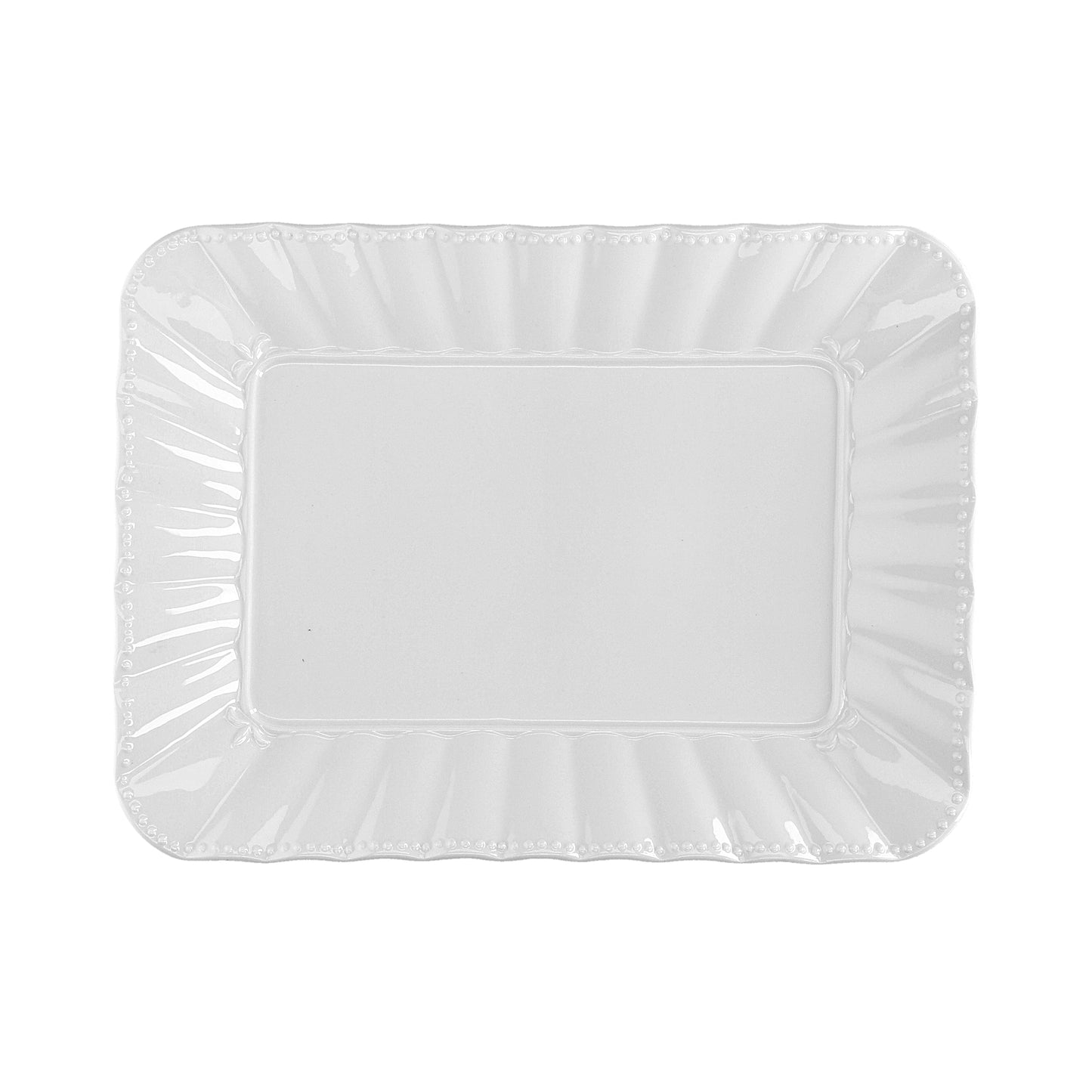 Vassoio rettangolare da portata in porcellana bianca lavorata cm. 35 x 26.Utilizzabile in forno tradizionale, microonde e lavastoviglie. Lavabile in lavastoviglie. Utilizzabile in microonde. In negozio e online su tuttochic.it
